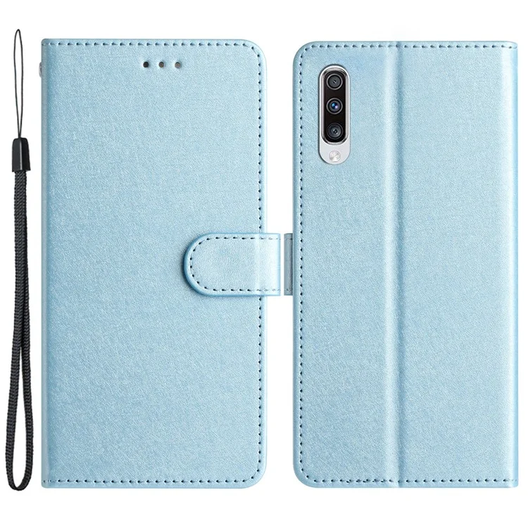 For Samsung Galaxy A70 / A70s Silk Texture PU Leather Wallet Stand Cell Phone Flip Case with Hand Strap - Sky Blue