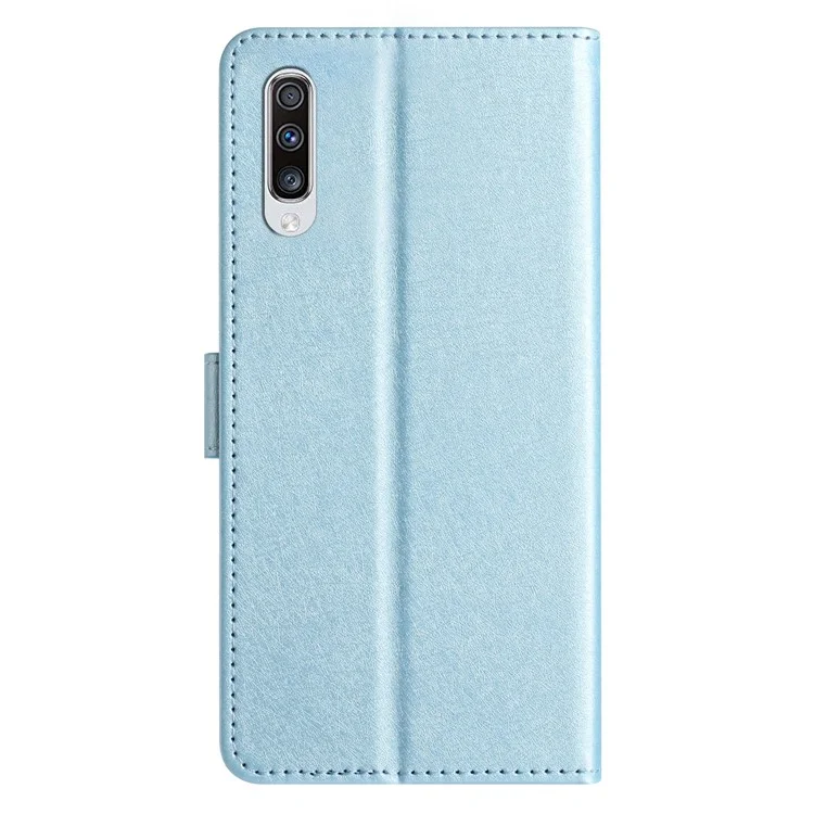 For Samsung Galaxy A70 / A70s Silk Texture PU Leather Wallet Stand Cell Phone Flip Case with Hand Strap - Sky Blue
