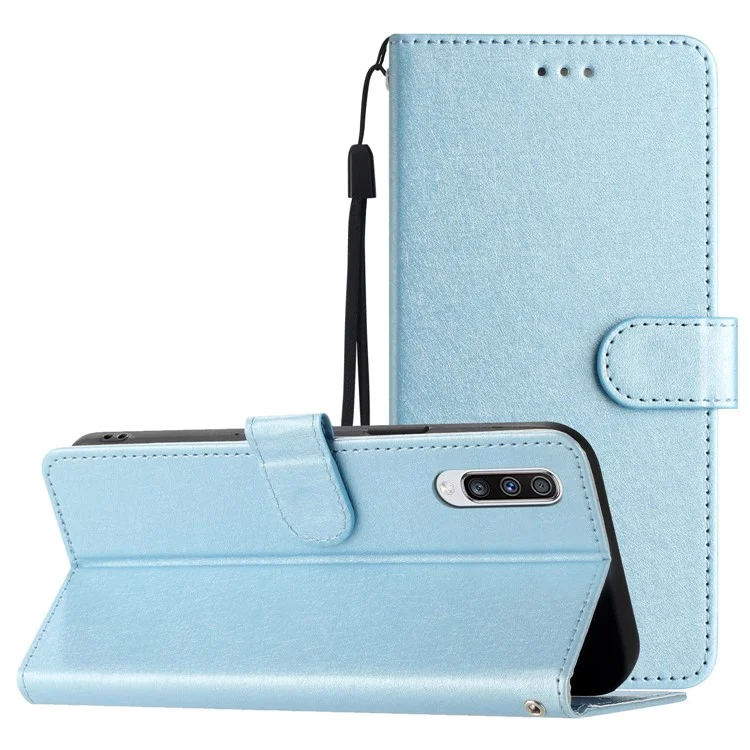 For Samsung Galaxy A70 / A70s Silk Texture PU Leather Wallet Stand Cell Phone Flip Case with Hand Strap - Sky Blue
