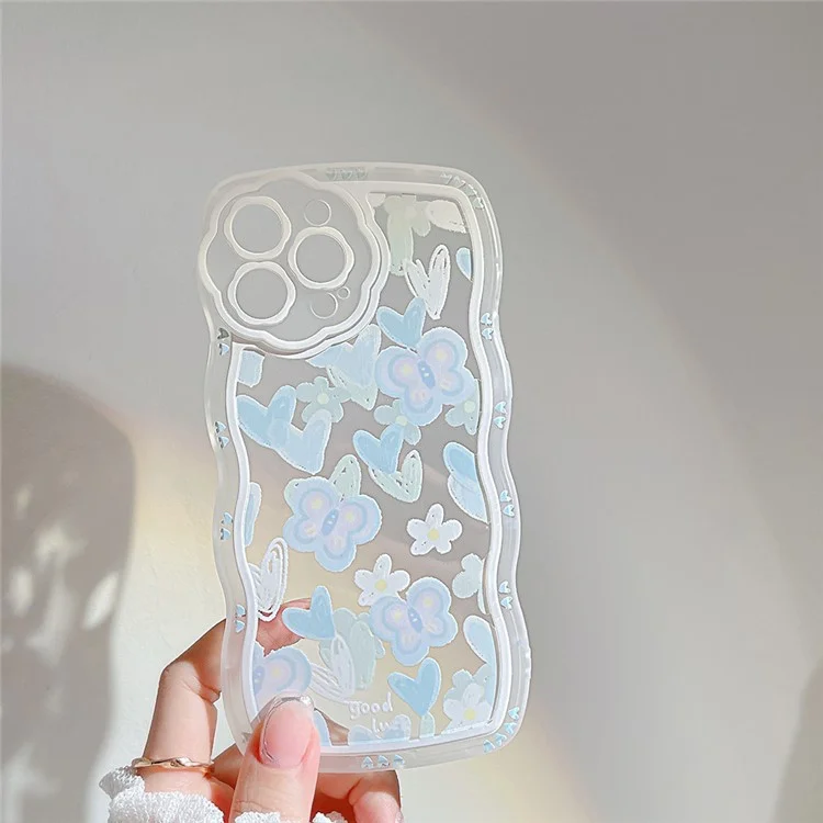 For iPhone 13 Pro Max Clear TPU Phone Case Heart Shape Butterfly Pattern Phone Cover with Bead Chain