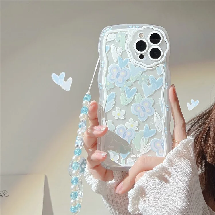 For iPhone 13 Pro Max Clear TPU Phone Case Heart Shape Butterfly Pattern Phone Cover with Bead Chain