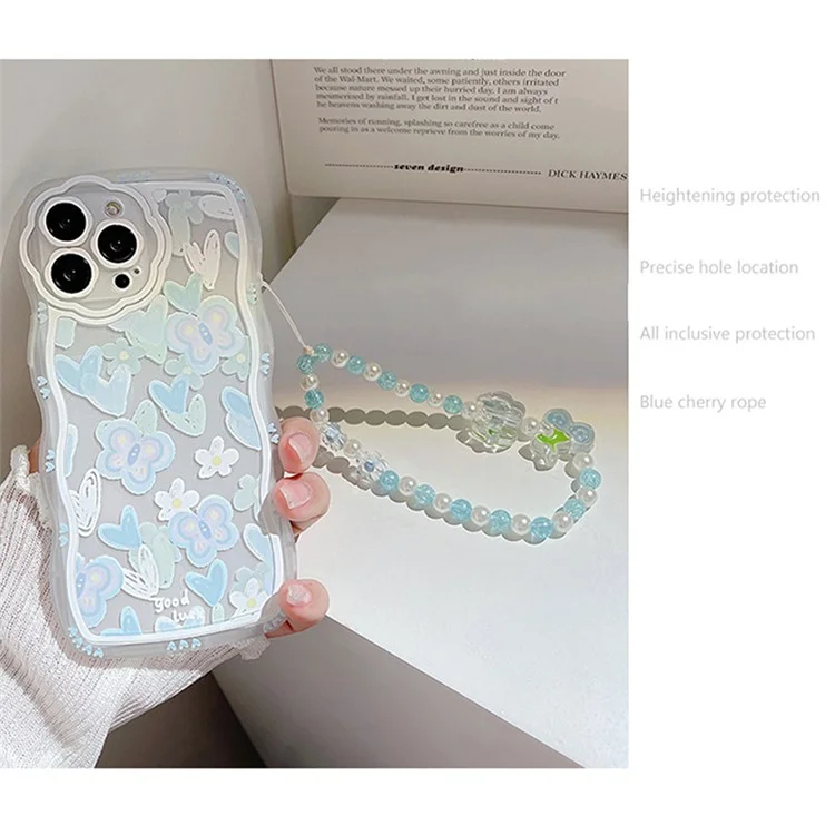 For iPhone 13 Pro Max Clear TPU Phone Case Heart Shape Butterfly Pattern Phone Cover with Bead Chain