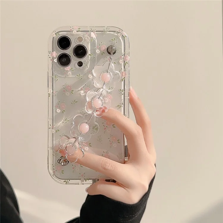 Per iPhone 13 Pro Custodia per telefono Clear Flower Pattern Anti-graffio TPU Cover con Flower Decor Chain