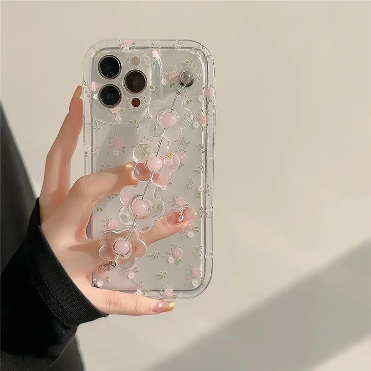 Per iPhone 13 Pro Custodia per telefono Clear Flower Pattern Anti-graffio TPU Cover con Flower Decor Chain