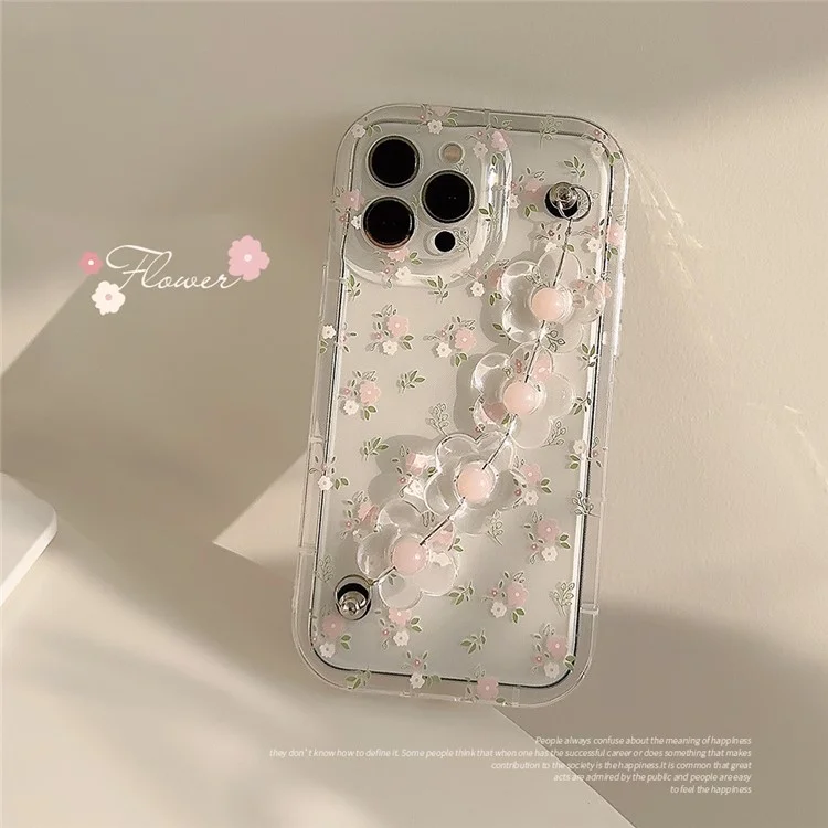 Per iPhone 13 Pro Custodia per telefono Clear Flower Pattern Anti-graffio TPU Cover con Flower Decor Chain