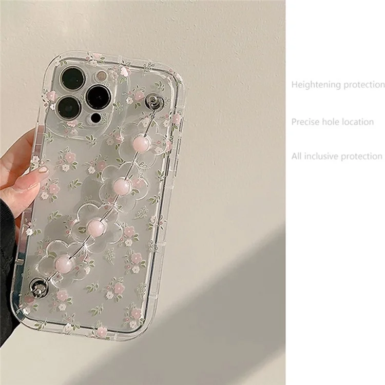 For iPhone 14 Pro Flower Pattern Phone Case Soft TPU Clear Phone Cover with Flower Decor Chain