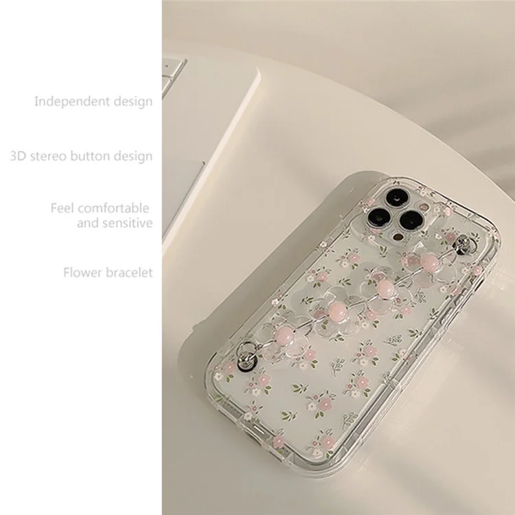 For iPhone 14 Pro Flower Pattern Phone Case Soft TPU Clear Phone Cover with Flower Decor Chain