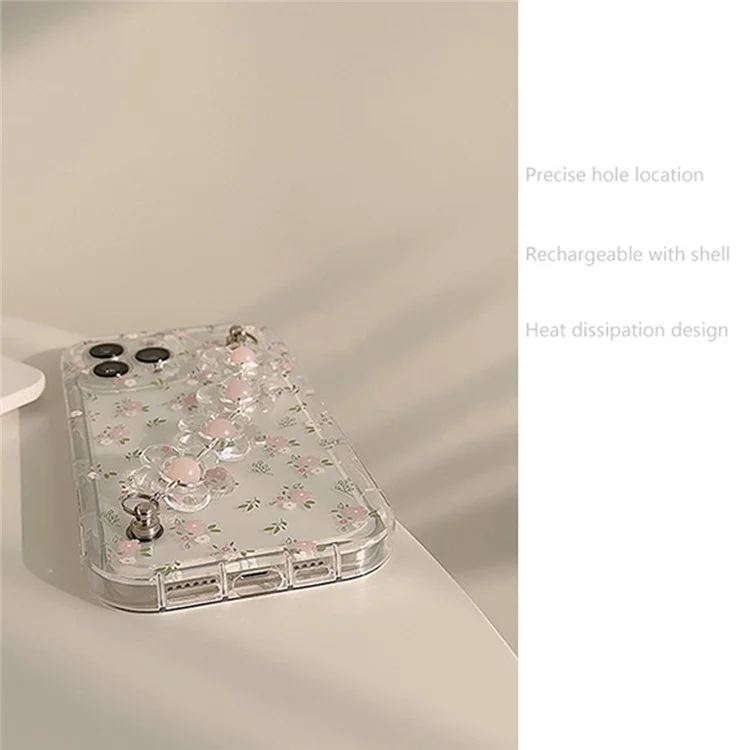 For iPhone 14 Pro Flower Pattern Phone Case Soft TPU Clear Phone Cover with Flower Decor Chain