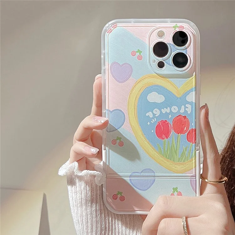 Für iPhone 14 Pro Heart Pattern Kickstand Smartphone Case Oil Painting TPU Cover mit Handgelenkschlaufe