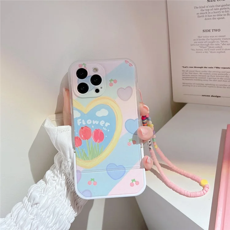 Für iPhone 14 Pro Heart Pattern Kickstand Smartphone Case Oil Painting TPU Cover mit Handgelenkschlaufe