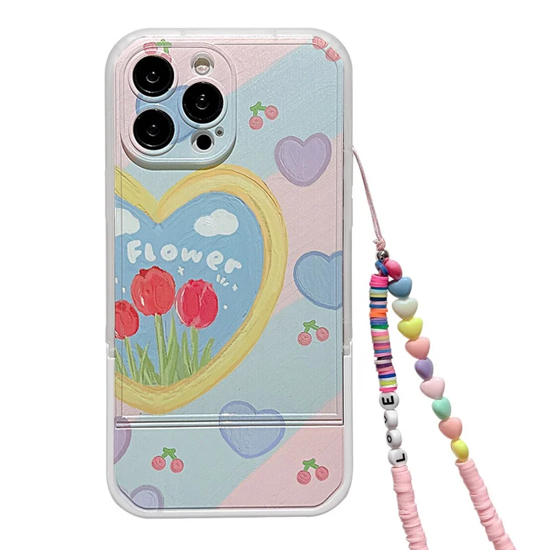 For iPhone 13 Pro Shockproof Smartphone Case Oil Painting Heart Pattern Kickstand TPU Cover with Wrist Strap