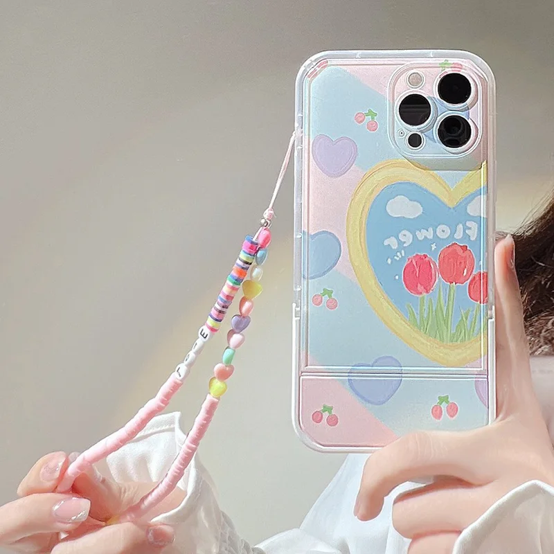 For iPhone 13 Pro Shockproof Smartphone Case Oil Painting Heart Pattern Kickstand TPU Cover with Wrist Strap