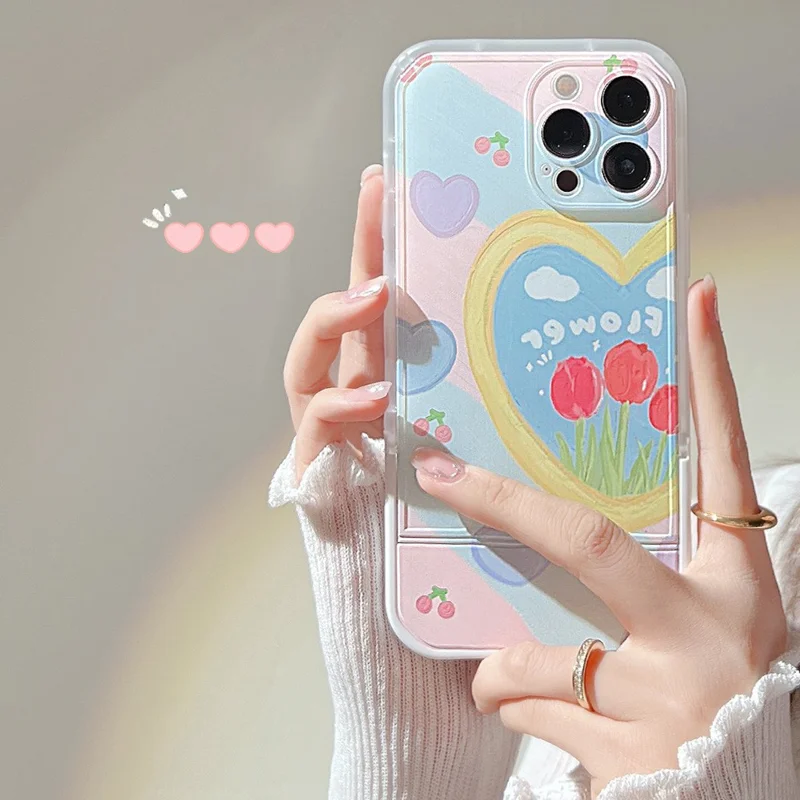 For iPhone 13 Pro Shockproof Smartphone Case Oil Painting Heart Pattern Kickstand TPU Cover with Wrist Strap