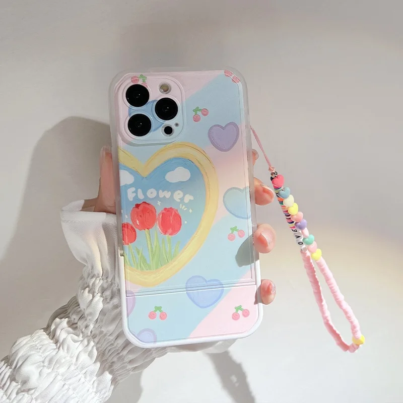 For iPhone 13 Pro Shockproof Smartphone Case Oil Painting Heart Pattern Kickstand TPU Cover with Wrist Strap
