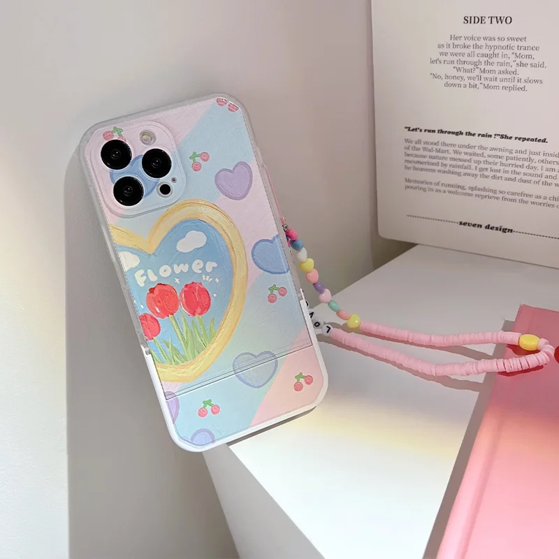 For iPhone 13 Pro Shockproof Smartphone Case Oil Painting Heart Pattern Kickstand TPU Cover with Wrist Strap