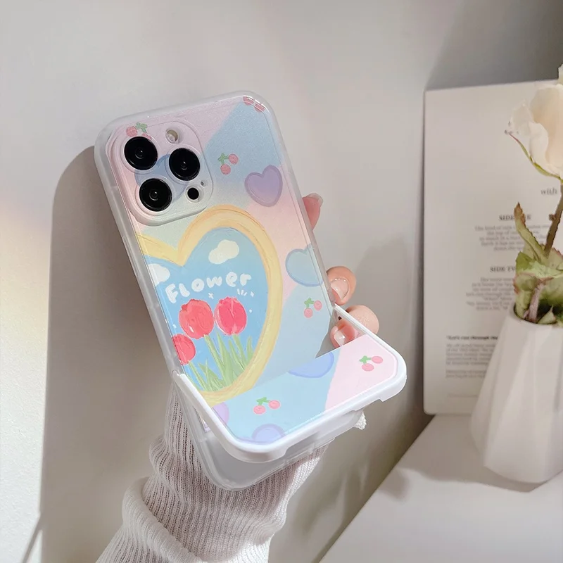 For iPhone 13 Pro Shockproof Smartphone Case Oil Painting Heart Pattern Kickstand TPU Cover with Wrist Strap