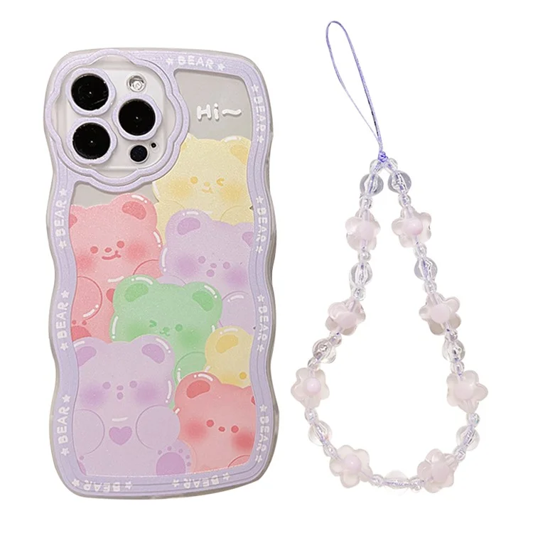 Coque de téléphone portable en motif d'ours pour iPhone 13 Pro Max, boîtier transparent en TPU avec sangle poignet à fleur violette