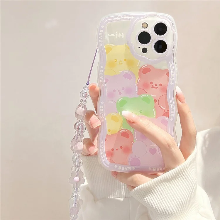 Coque de téléphone portable en motif d'ours pour iPhone 13 Pro Max, boîtier transparent en TPU avec sangle poignet à fleur violette