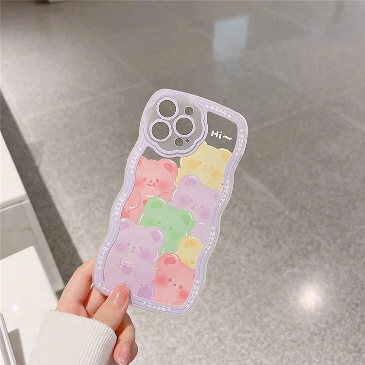 Coque de téléphone portable en motif d'ours pour iPhone 13 Pro Max, boîtier transparent en TPU avec sangle poignet à fleur violette