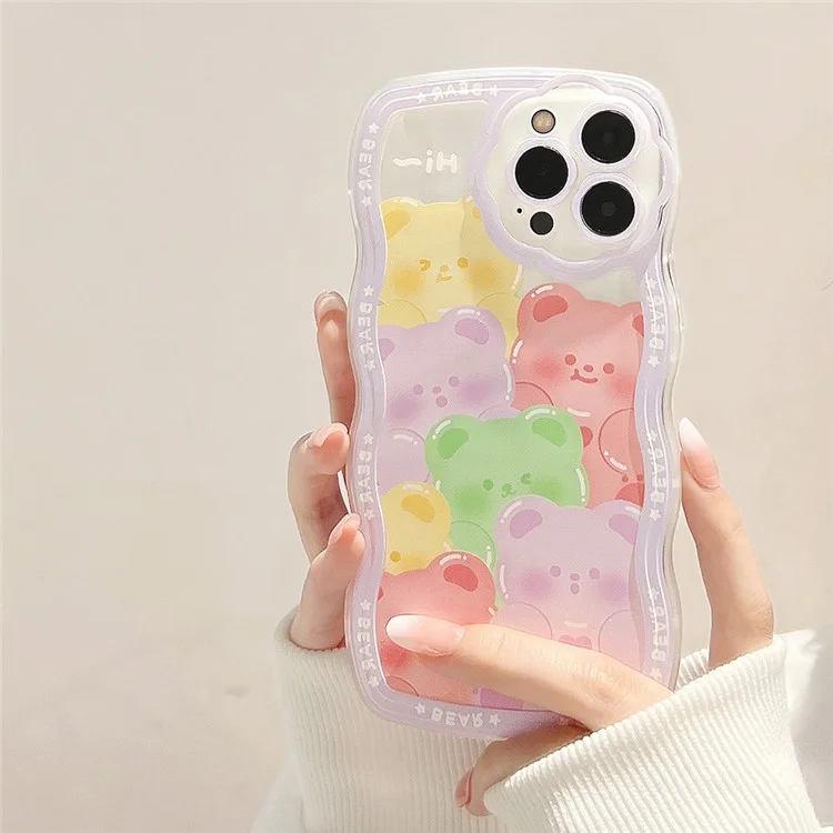 Coque de téléphone portable en motif d'ours pour iPhone 13 Pro Max, boîtier transparent en TPU avec sangle poignet à fleur violette