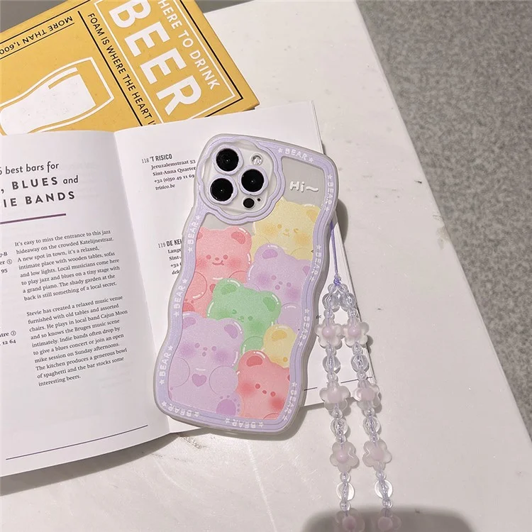 Coque de téléphone portable en motif d'ours pour iPhone 13 Pro Max, boîtier transparent en TPU avec sangle poignet à fleur violette
