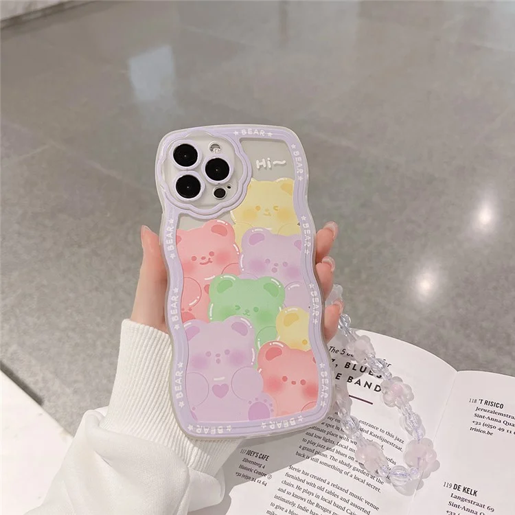 Coque de téléphone portable en motif d'ours pour iPhone 13 Pro Max, boîtier transparent en TPU avec sangle poignet à fleur violette
