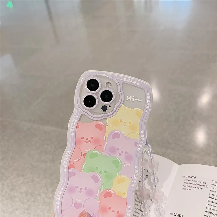 Coque de téléphone portable en motif d'ours pour iPhone 13 Pro Max, boîtier transparent en TPU avec sangle poignet à fleur violette