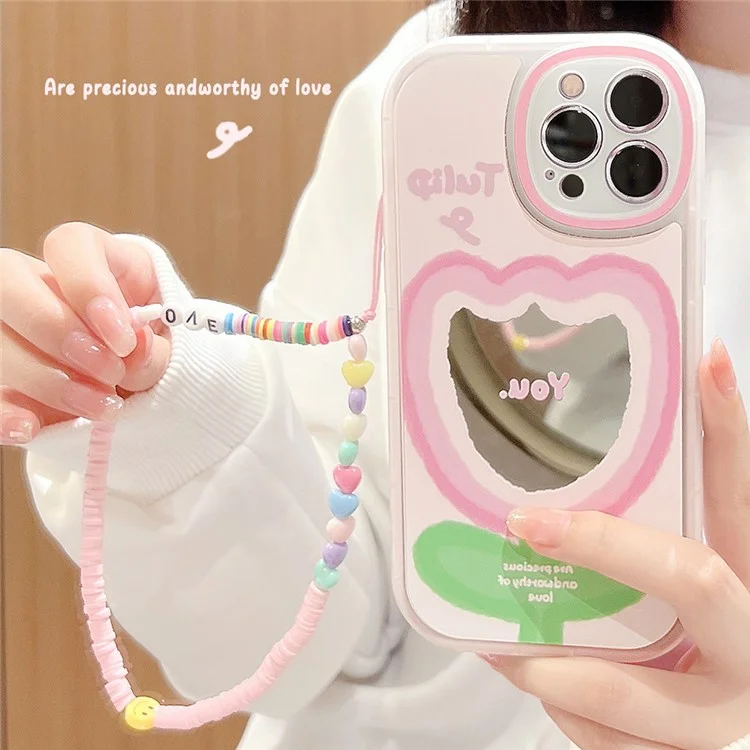 For iPhone 12 Pro Max Flexible TPU Phone Case Pink Flower Pattern Cell Phone Cover Shell with Wrist Strap