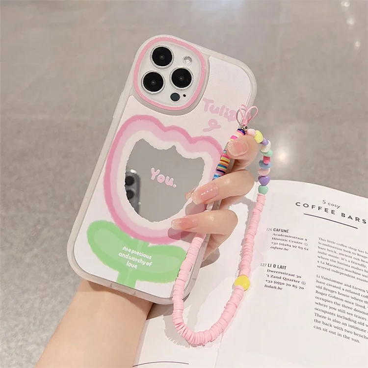 For iPhone 12 Pro Max Flexible TPU Phone Case Pink Flower Pattern Cell Phone Cover Shell with Wrist Strap