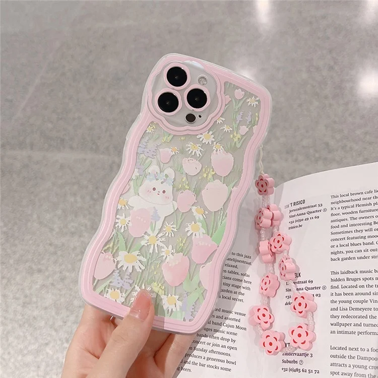 Funda para iPhone 13 Pro Rabbit Flower Pattern Phone Case Transparente Cubierta de TPU con Cadena de Muñeca
