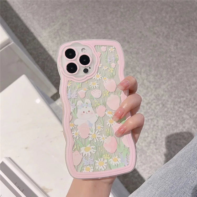 Funda para iPhone 13 Pro Rabbit Flower Pattern Phone Case Transparente Cubierta de TPU con Cadena de Muñeca