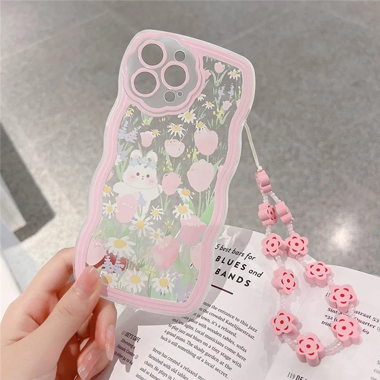 Funda para iPhone 13 Pro Rabbit Flower Pattern Phone Case Transparente Cubierta de TPU con Cadena de Muñeca