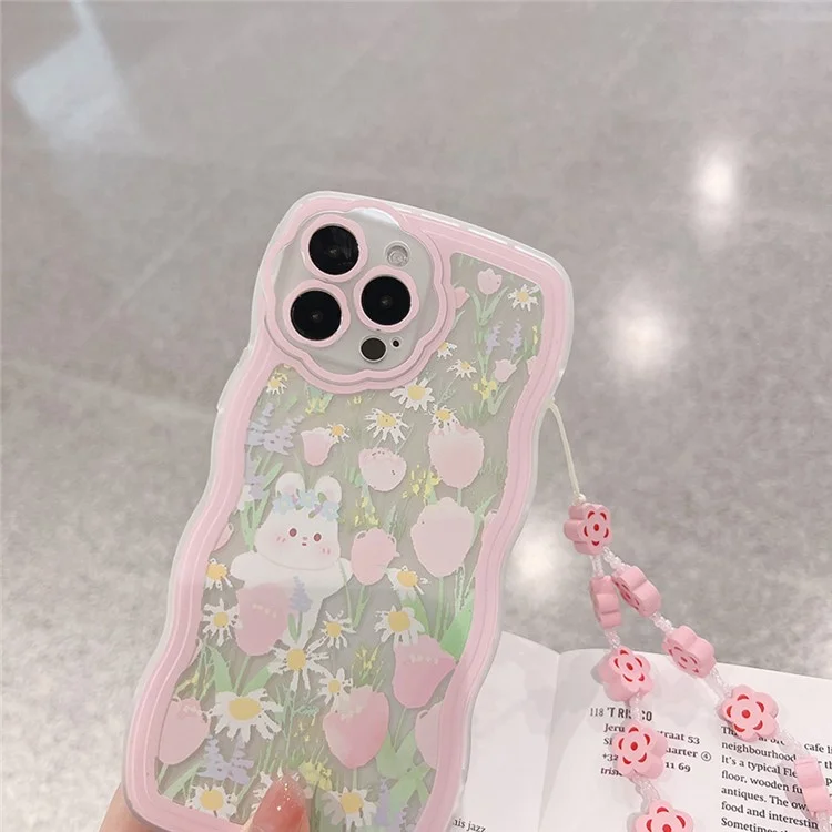 Funda para iPhone 13 Pro Rabbit Flower Pattern Phone Case Transparente Cubierta de TPU con Cadena de Muñeca
