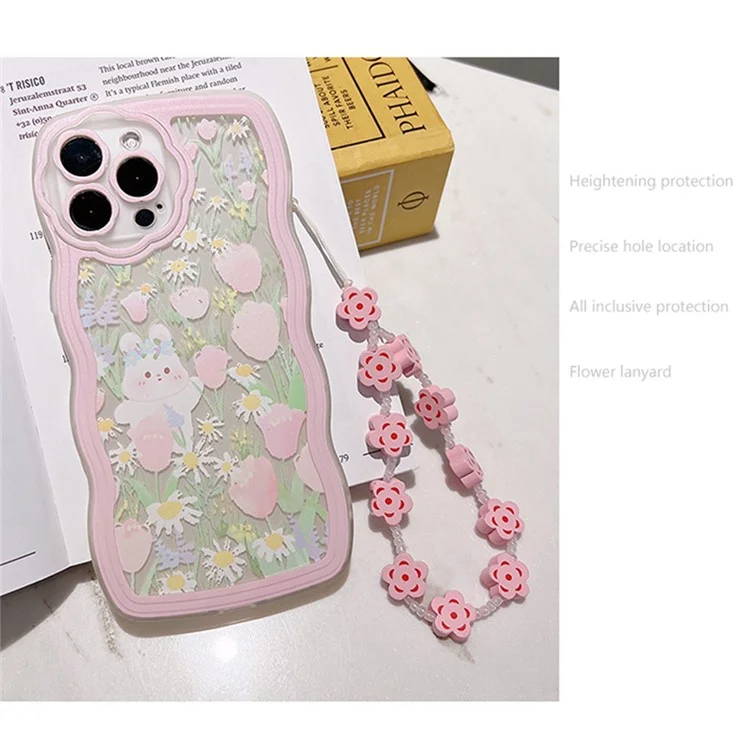 Funda para iPhone 13 Pro Rabbit Flower Pattern Phone Case Transparente Cubierta de TPU con Cadena de Muñeca
