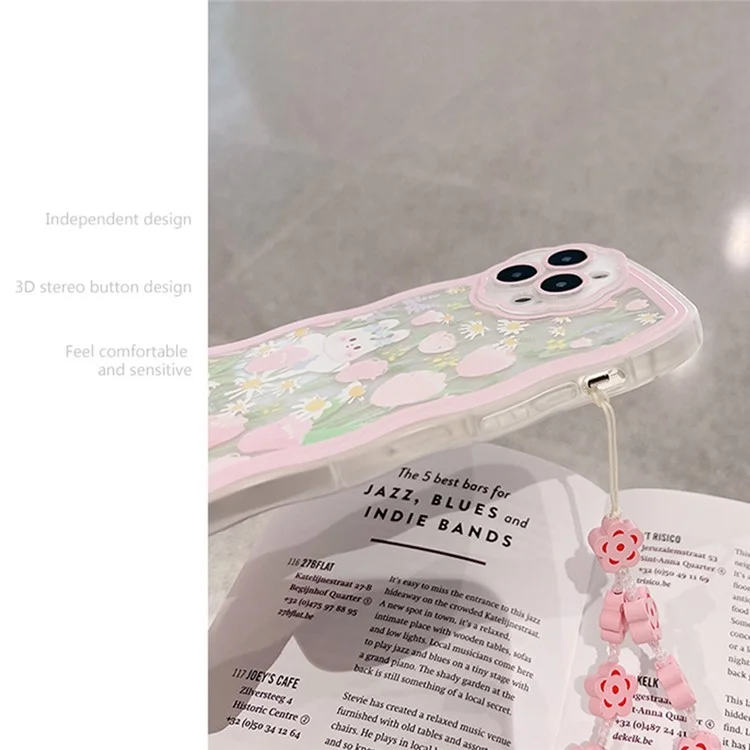 Funda para iPhone 13 Pro Rabbit Flower Pattern Phone Case Transparente Cubierta de TPU con Cadena de Muñeca