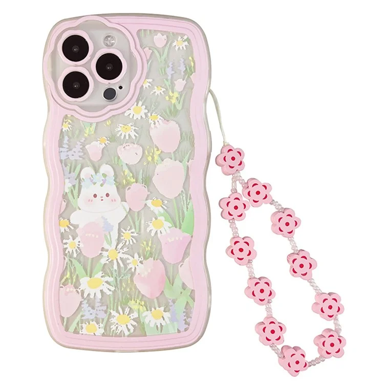 Für iPhone 12 Pro Rabbit Flower Pattern TPU Case Schutzhülle Transparente Handyhülle mit Handgelenkkette