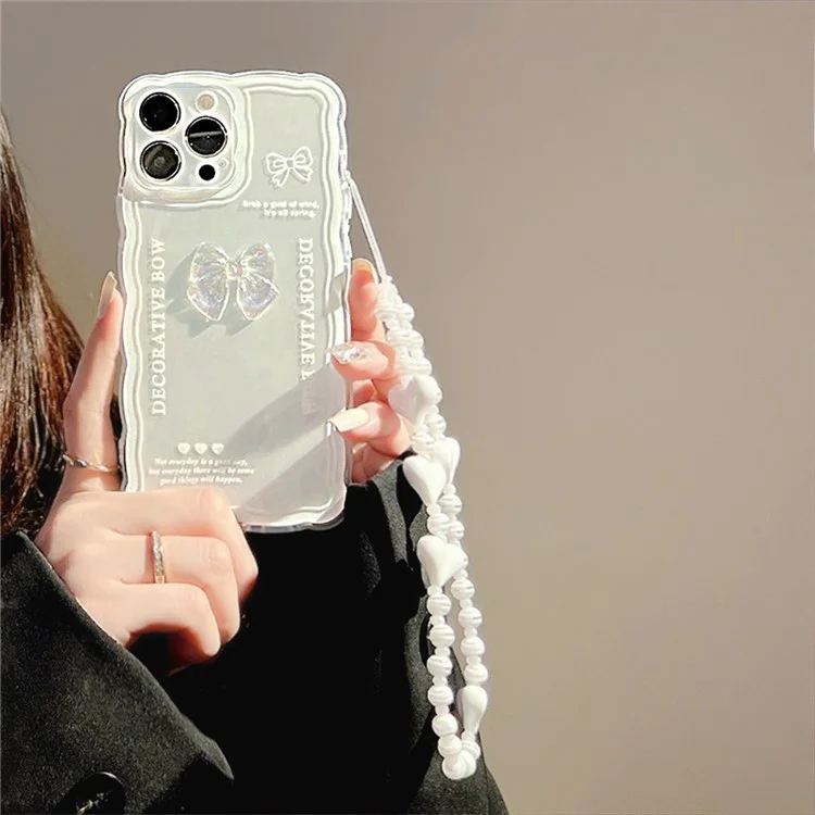 For iPhone 12 Pro Max Shockproof Phone Shell Little Bowknot Decor Clear Cell Phone Case with Wrist Strap