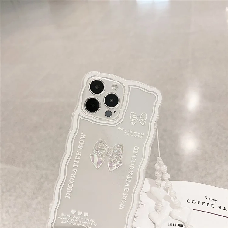 Para iPhone 14 Pro Crystal Clear TPU Phone Cover Bowknot Decor Phone Shell Case com Alça para Pulso