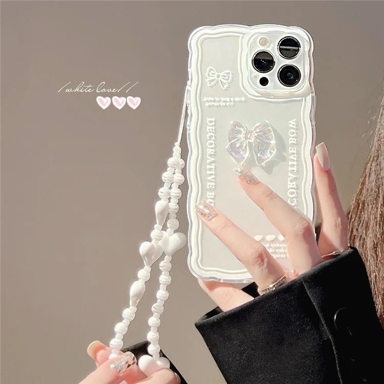 Para iPhone 14 Pro Crystal Clear TPU Phone Cover Bowknot Decor Phone Shell Case com Alça para Pulso