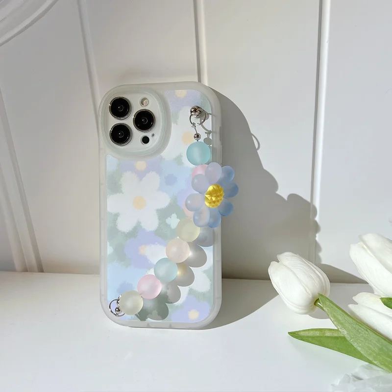 For iPhone 14 Pro Max TPU Cell Phone Shell Anti-Scratch Flower Pattern Decor Phone Case with Bead Chain