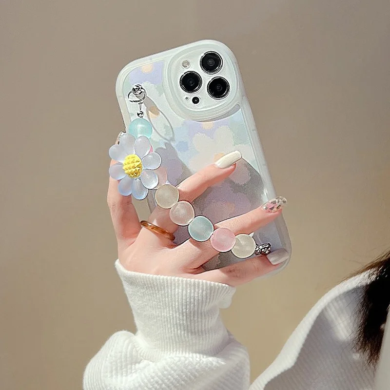 For iPhone 14 Pro Max TPU Cell Phone Shell Anti-Scratch Flower Pattern Decor Phone Case with Bead Chain