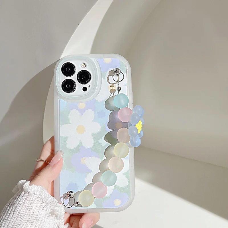 For iPhone 14 Pro Max TPU Cell Phone Shell Anti-Scratch Flower Pattern Decor Phone Case with Bead Chain
