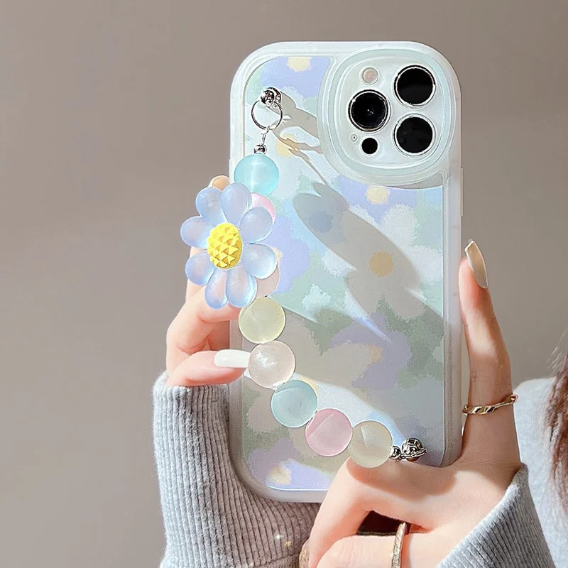 For iPhone 14 Pro Max TPU Cell Phone Shell Anti-Scratch Flower Pattern Decor Phone Case with Bead Chain