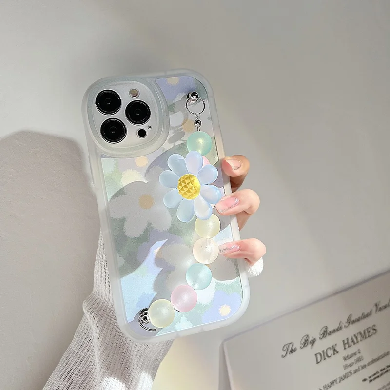 For iPhone 14 Pro Max TPU Cell Phone Shell Anti-Scratch Flower Pattern Decor Phone Case with Bead Chain