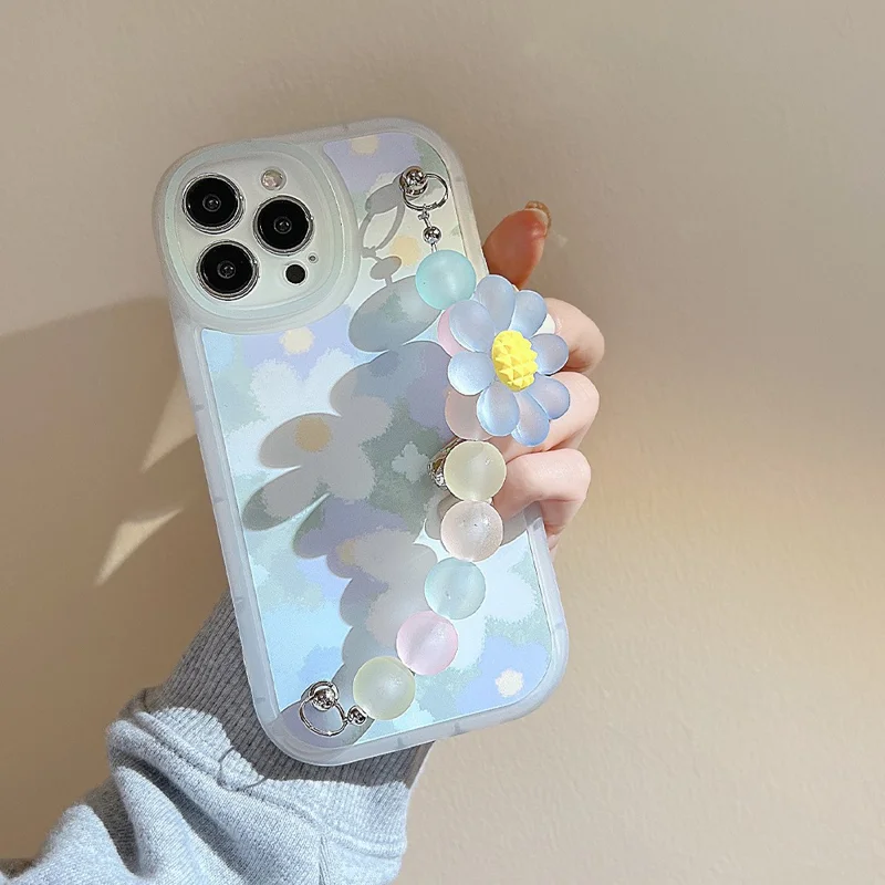 For iPhone 14 Pro Max TPU Cell Phone Shell Anti-Scratch Flower Pattern Decor Phone Case with Bead Chain