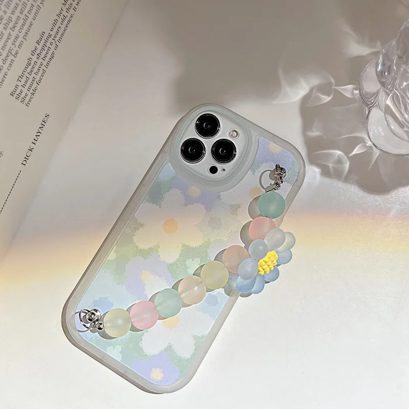 For iPhone 14 Pro Max TPU Cell Phone Shell Anti-Scratch Flower Pattern Decor Phone Case with Bead Chain
