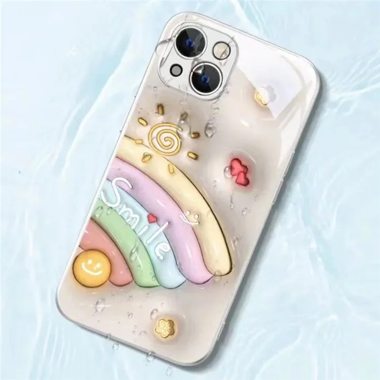 Coque de téléphone avec motif arc-en-ciel et sourire pour iPhone 13, étui en verre trempé + TPU - Blanc