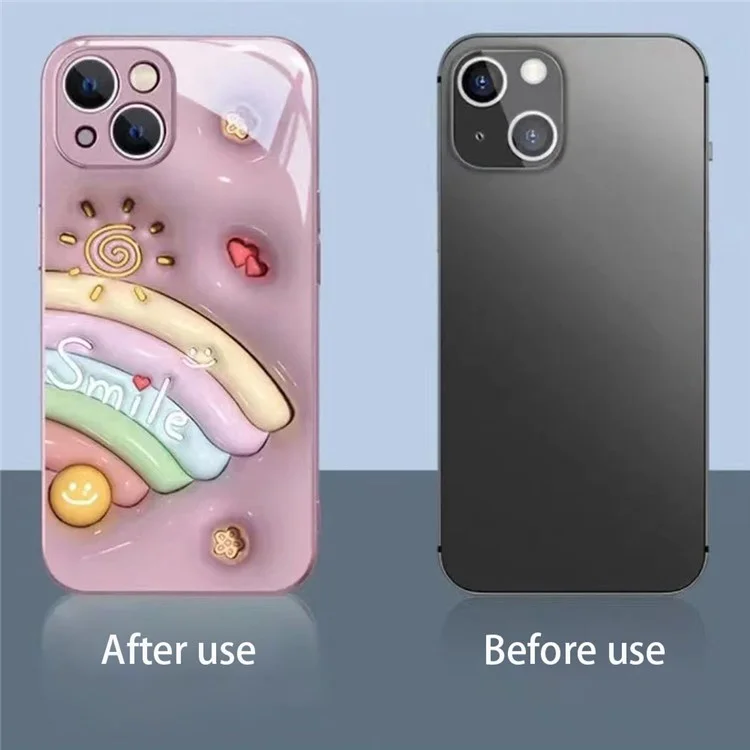 Coque de téléphone avec motif arc-en-ciel et sourire pour iPhone 13, étui en verre trempé + TPU - Blanc