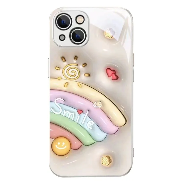 Verre trempé + Coque TPU pour iPhone 14, Motif arc-en-ciel visage souriant Anti-chute Housse de téléphone - Blanc