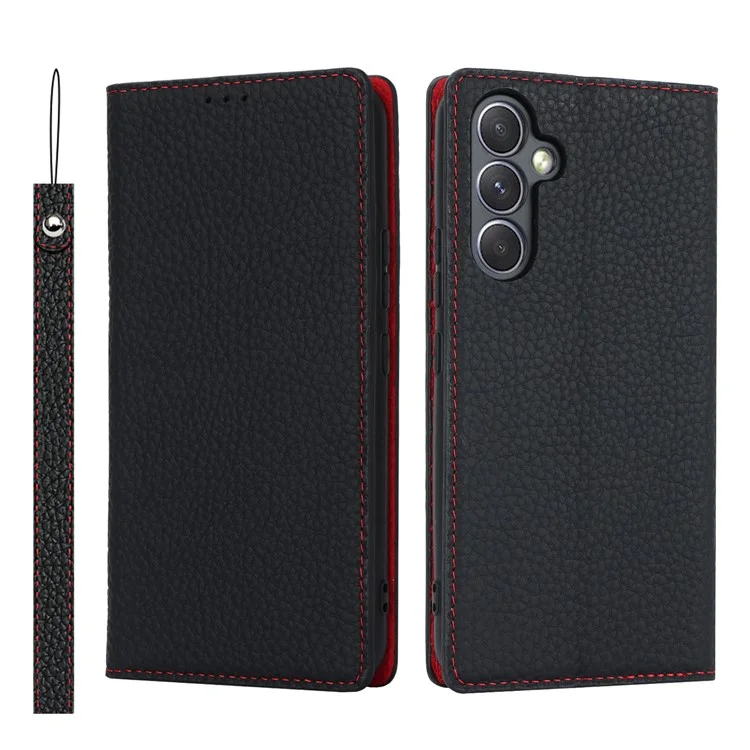 Para Samsung Galaxy A54 5G Funda de Cuero Genuino de Vaca Flip Case Textura Litchi Billetera Soporte Funda de Teléfono con Correa - Negro